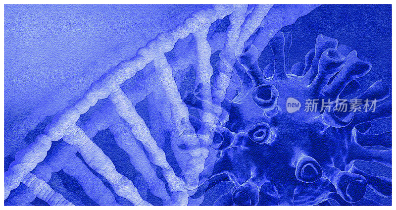 3D渲染，上面应用了水彩滤镜，描绘了DNA/RNA链和COVID-19病毒。